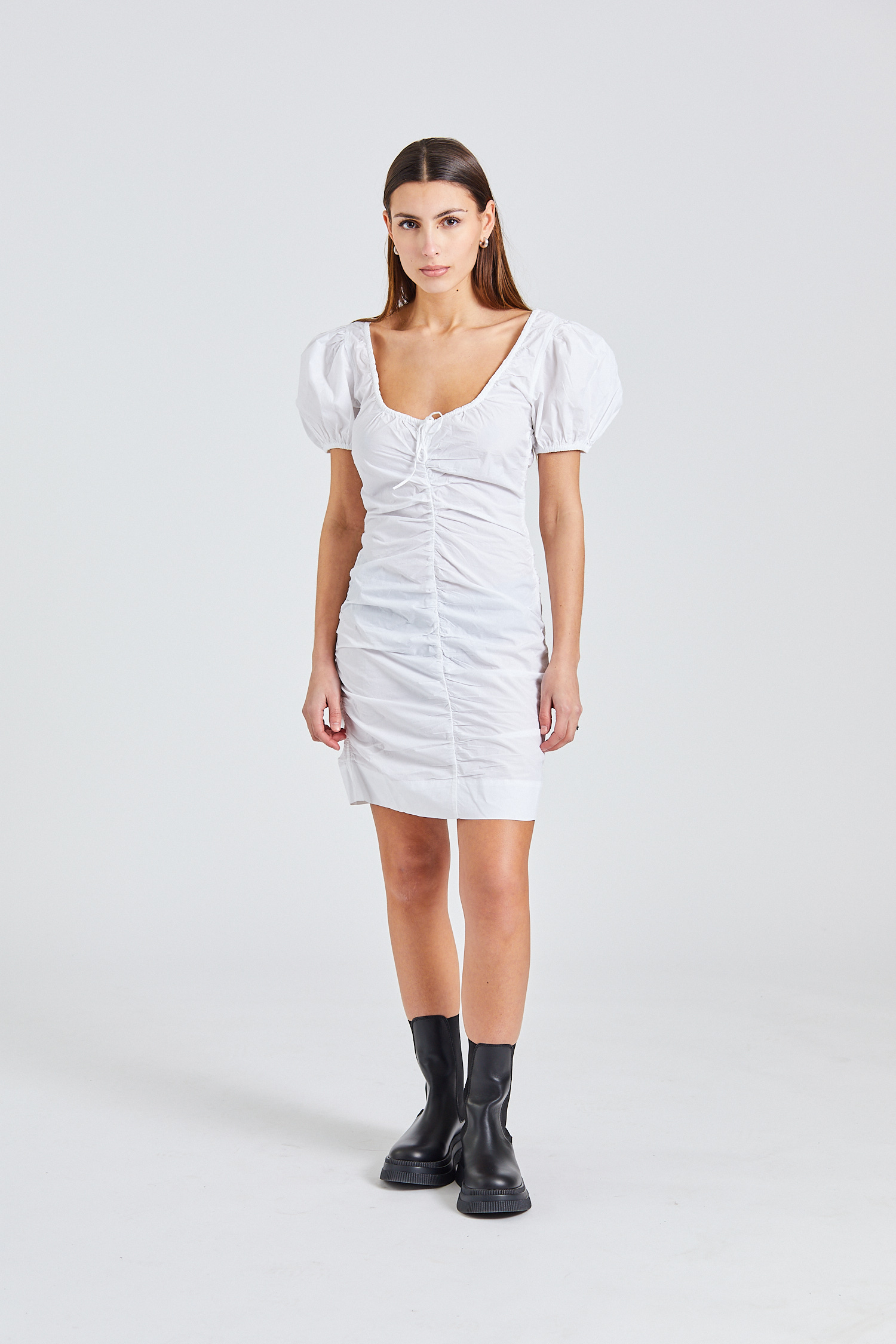 Cotton Poplin Gathered U-Neck Mini Dress Bright White | Retro